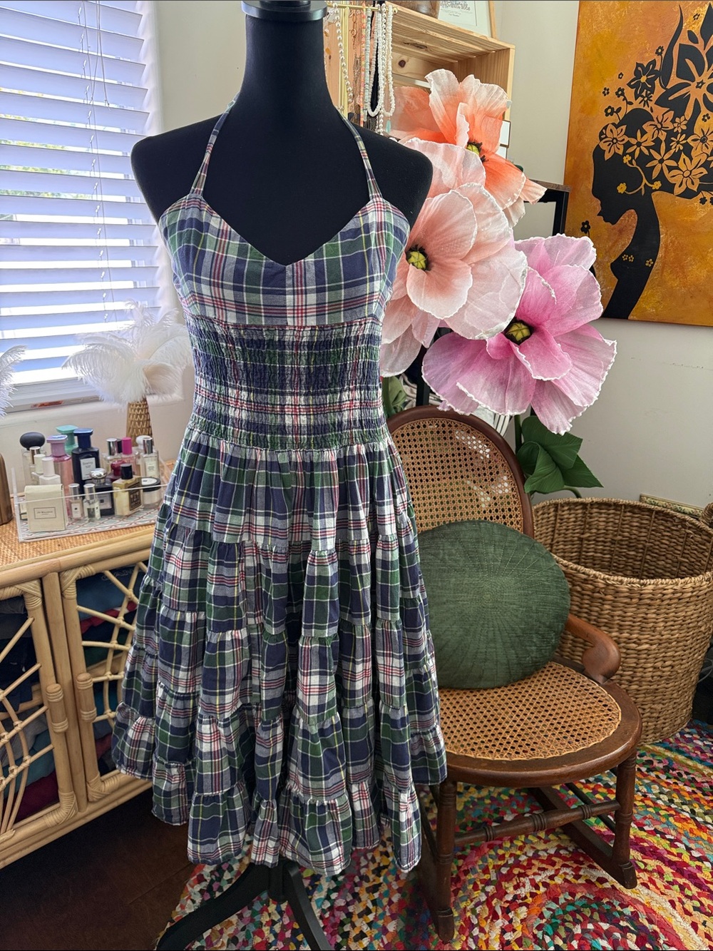 American Living Ralph Lauren Madras Plaid Halter Hamptons Midi Dress